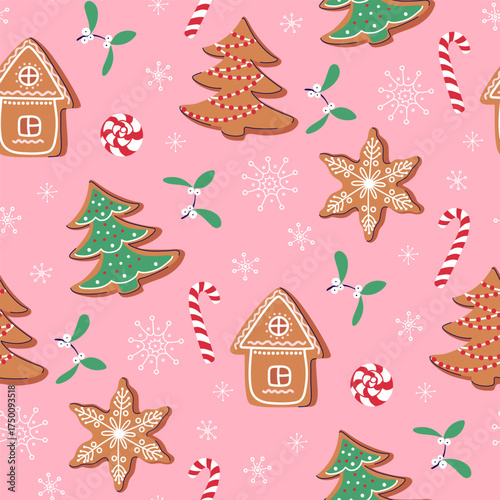 Sweet Christmas gingerbread cookies and candy canes seamless pattern. Happy holidays background. Cute decorative mistletoe and snowflakes. Hand drawn flat design vector illustration. 