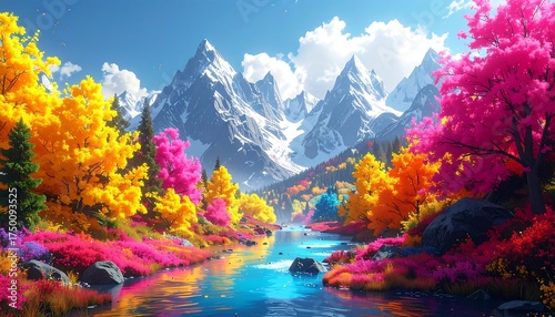 Colorful Mountain River Valley Landscape.