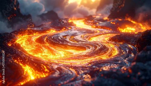 Lava River Flowing Through Volcanic Landscape.