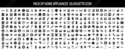 Vector art of an extensive collection of black silhouette icons depicting various home appliances and household items, isolated on a