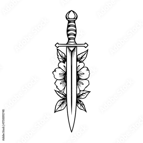 Elegant line art illustration of a dagger intertwined with blooming flowers