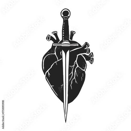 Stylized black heart pierced by a white sword on a black background