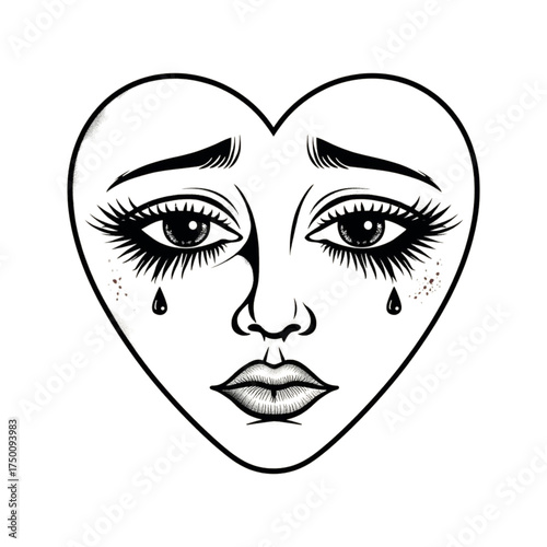 Sad heart face with tears and glitter accents