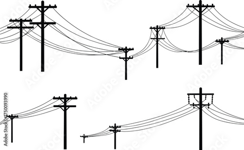 Utility pole silhouettes with crossarms and insulators, electrical distribution network, power line system, electricity grid, infrastructure illustration, engineering design reference
