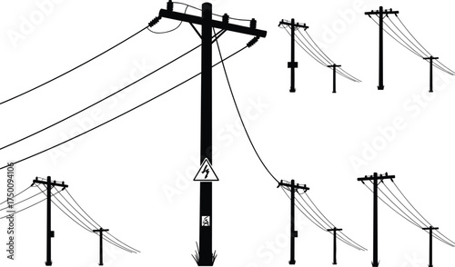Utility pole silhouettes with high voltage warning sign, electrical distribution network, power line system, urban energy infrastructure, electricity grid, safety signage illustration