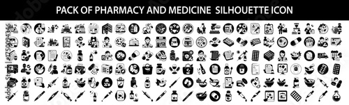 Vector art of pack of pharmacy and medicine silhouette icons, , showcasing various symbols related to drugs, prescriptions, and pharmaceutical services for diverse applications