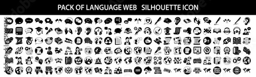 Vector art of pack of language web silhouette icons, illustrating communication, translation, and linguistic concepts for digital platforms