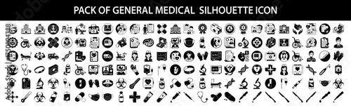 Vector art of pack of general medical silhouette icons, , featuring a wide array of symbols representing healthcare, science, and wellness, perfect for digital and print use