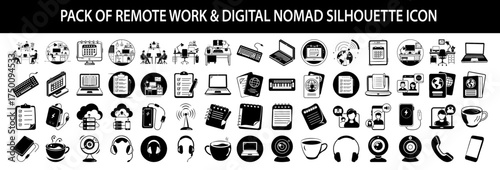 Vector art of pack of remote work and digital nomad silhouette icons, features technology, travel, and lifestyle elements for modern work concepts