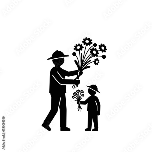 Adult and child exchanging flowers icon in black for family appreciation