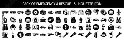 Vector art of pack of emergency and rescue silhouette icons, featuring a collection of symbols representing various aspects of emergency services, safety, and aid