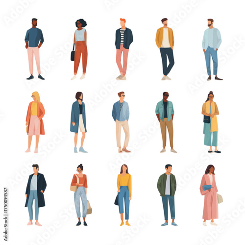 Collection of diverse people in modern casual fashion outfits.