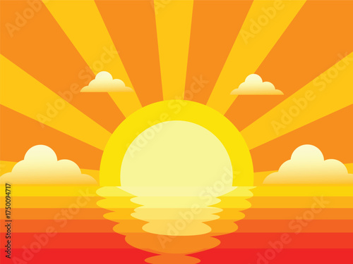 Vibrant sunrise over calm water with rays of light and scattered clouds