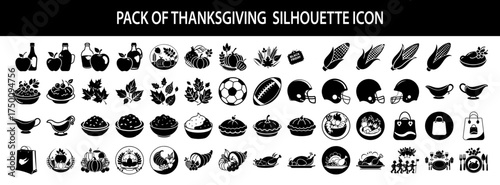 Vector art of pack of thanksgiving silhouette icons, featuring a variety of festive elements such as food, autumn leaves, football, and holiday symbols, perfect for seasonal designs and celebrations