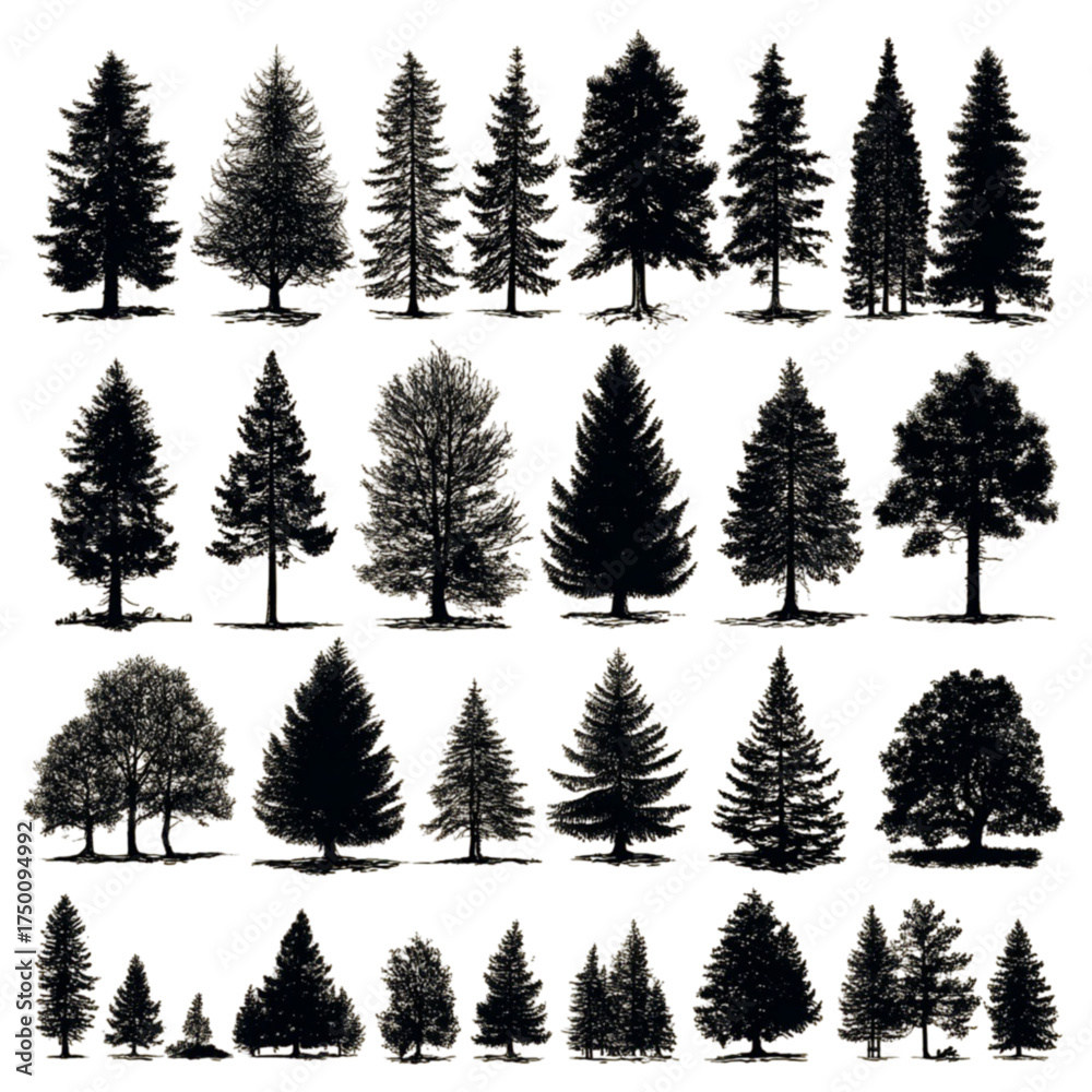 Fototapeta premium A diverse collection of black tree silhouettes on a white background.