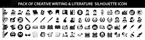 Vector art of pack of creative writing and literature silhouette icons, , representing various aspects of reading, writing, and storytelling