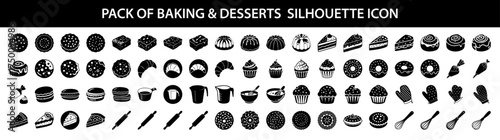 Vector art of pack of baking and desserts silhouette icons, showcasing a variety of sweet treats and baking tools for culinary and foodrelated designs