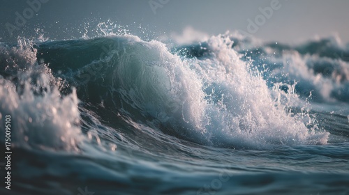 Close up of ocean waves crashing with foamy white water and a dark blue sea under a cloudy sky