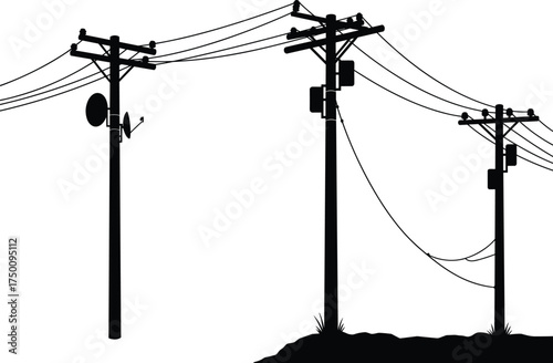 Utility pole silhouettes, electricity distribution system, power and communication lines, transformers and satellite dish, urban energy grid, residential infrastructure, interconnected network