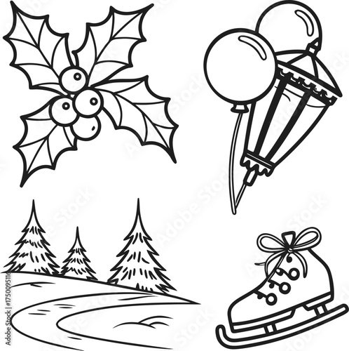 Set of four hand drawn outline icons representing flowers balloons and vehicles isolated on transparent background