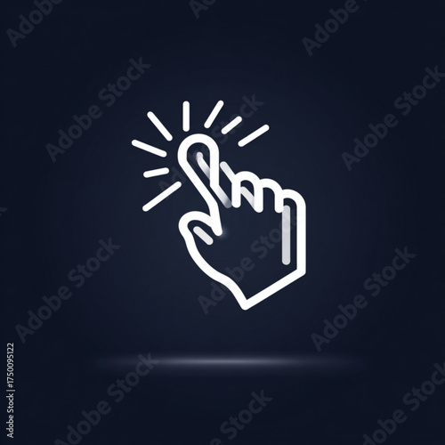 Stylized white line art hand icon clicking a button.