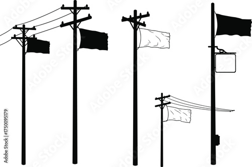 Utility poles with flags and electrical components, silhouette illustration, comparative infrastructure design, power line system, electricity grid, engineering variation artwork