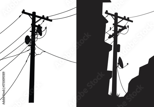 Utility pole silhouettes, urban infrastructure, power and communication lines, transformer and satellite dish, electricity distribution system, residential energy grid, city design
