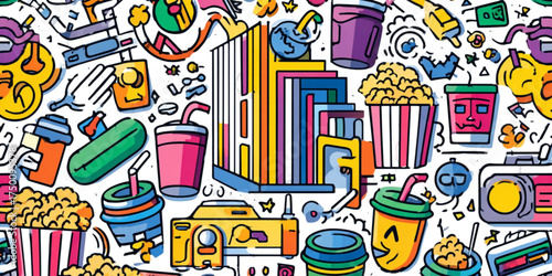Colorful Cartoon Doodle Pattern of Movie Theater Snacks and Drinks.