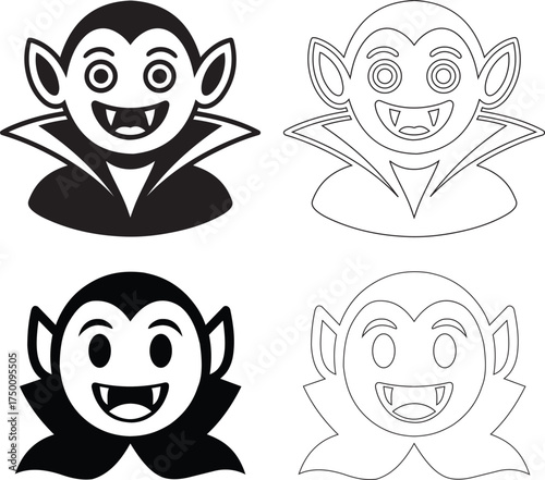 Cute cartoon vampire face emoji icon set with fangs, cloak, and pointy ears, black and white vector silhouette for halloween