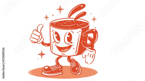 Retro cartoon coffee mug character giving a thumbs up gesture.
