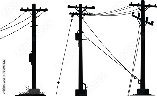 Utility poles with transformers and insulators, electrical distribution network, urban energy infrastructure, power line system, electricity grid, comparative infrastructure illustration