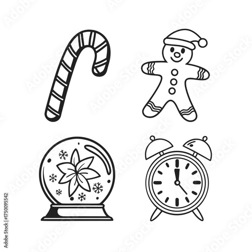 Christmas icons set outline four festive symbols candy cane gingerbread man snow globe gift box isolated on transparent background