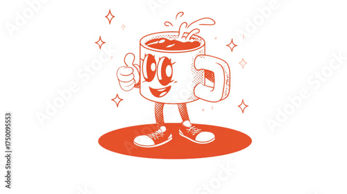 Retro cartoon coffee mug character giving a thumbs up gesture.