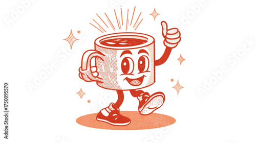 Cheerful walking coffee mug character giving a thumbs up.