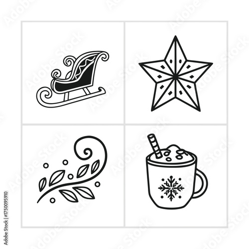 Festive four panel christmas icons set featuring santa sleigh star hot chocolate and ornament isolated on transparent background