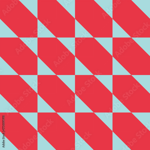 Geometric seamless pattern with red and light blue squares and triangles