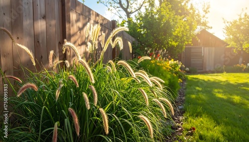 Sunny Backyard Garden with Grassy Plants.