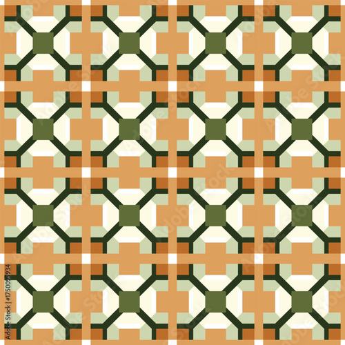 Geometric pattern with orange, green, and beige squares and crosses