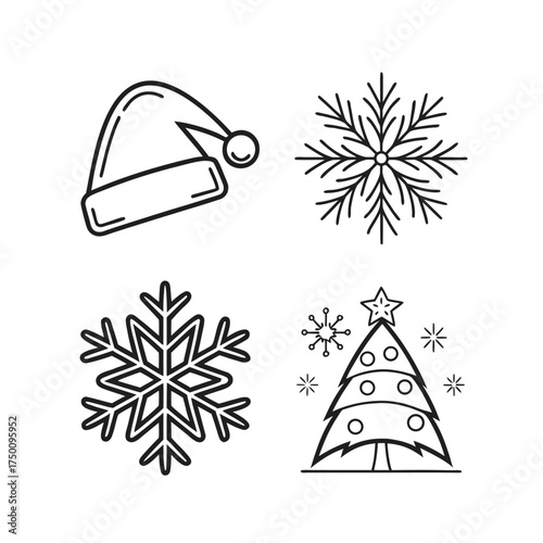 Festive winter icons santa hat and snowflake duo set for holiday design isolated on transparent background