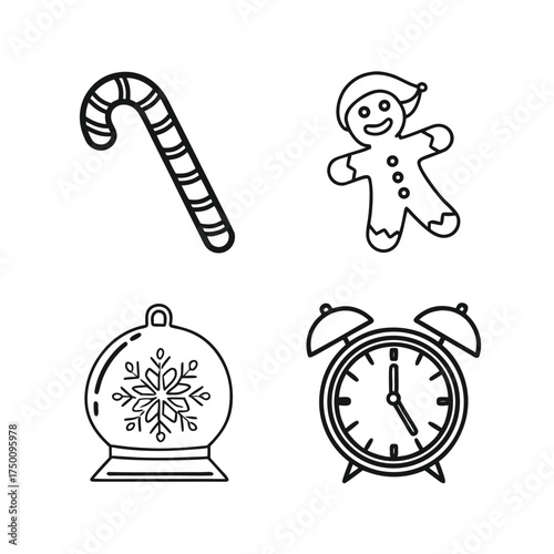 Christmas holiday icons set candy cane gingerbread man bell alarm clock hand drawn style isolated on transparent background