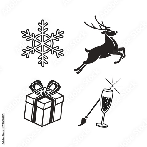 Set of four christmas icons snowflake reindeer gift and snowman for holiday design isolated on transparent background