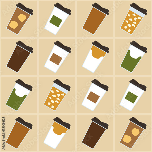 Seamless coffee pattern with takeaway cups and packaging bags in warm tones. Perfect for café branding, wrapping, menu design, and textile prints.