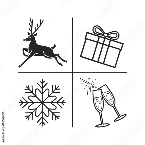 Holiday celebration icons reindeer snowflake gift champagne glasses festive collection isolated on transparent background