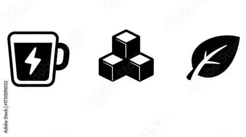 Simple black glyph icons for energy sugar and natural leaf.