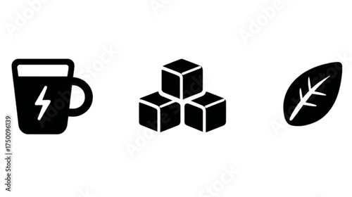 Energy drink ingredient icons set with mug sugar and leaf.