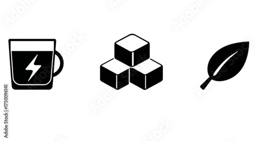 Simple black icons representing energy drink sugar and leaf.