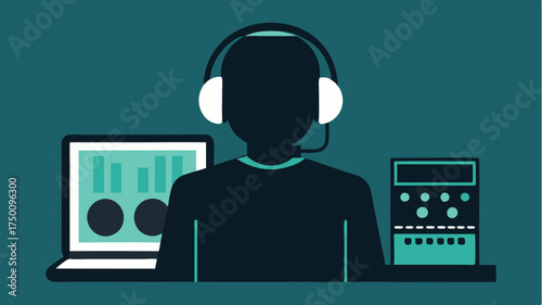 A silhouette of a producer wearing headphones deeply focused on a laptop with a digital audio workstation interface on the screen.