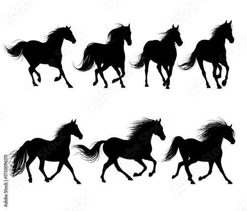 Dynamic collection of black running horse silhouettes.