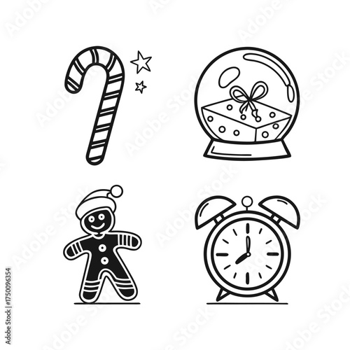Christmas icons collection with candy cane snow globe toy and clock isolated on transparent background
