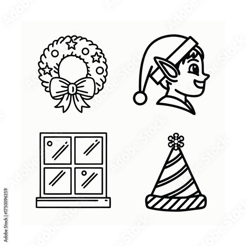 Cute christmas icons set festive elf wreath window party hat collection isolated on transparent background